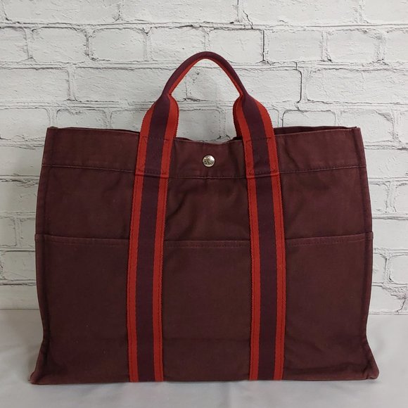 'HERMES-PARIS' 'FOOL TOE BASAS' LARGE PINSTRIPE DOUBLE STRAP CANVAS BAG - Picture 3 of 16